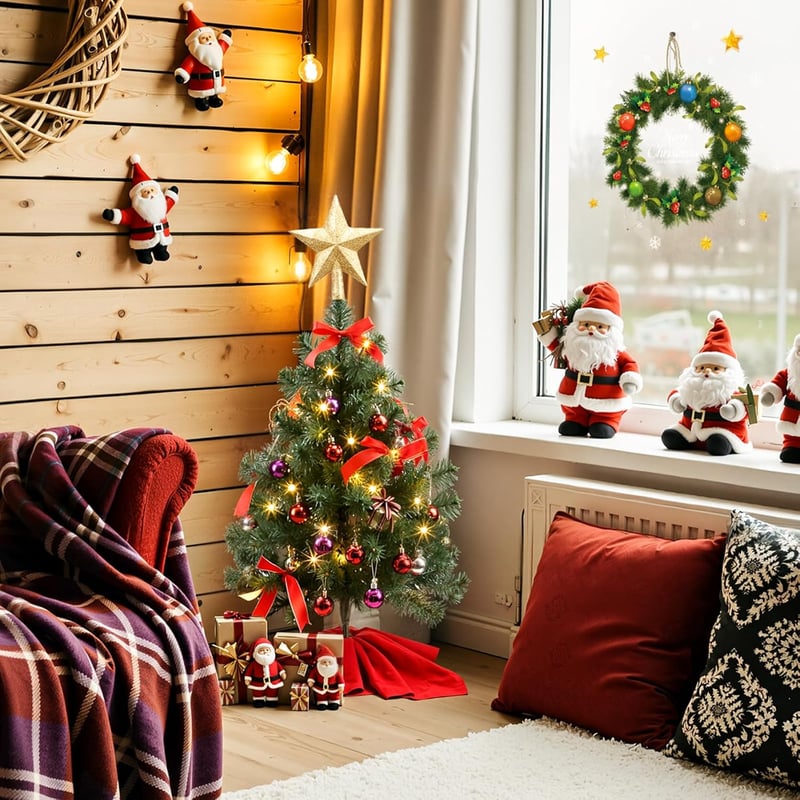 HAUSPROFI 60 cm-es LED karácsonyfa dekoráció, mini műfenyő fénnyel, 20 gömbbel és fa talppel