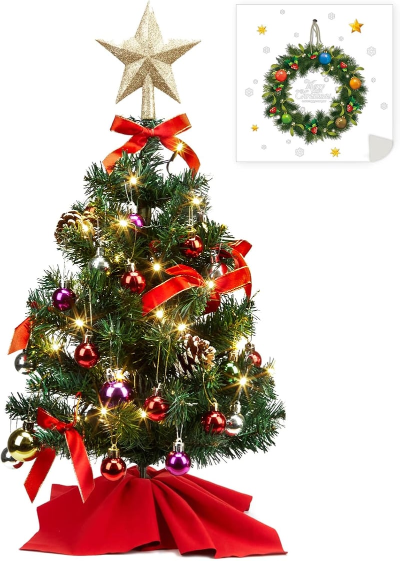 HAUSPROFI 60 cm-es LED karácsonyfa dekoráció, mini műfenyő fénnyel, 20 gömbbel és fa talppel
