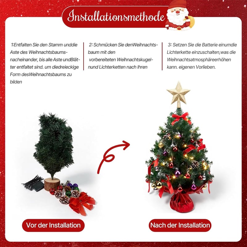 HAUSPROFI 60 cm-es LED karácsonyfa dekoráció, mini műfenyő fénnyel, 20 gömbbel és fa talppel