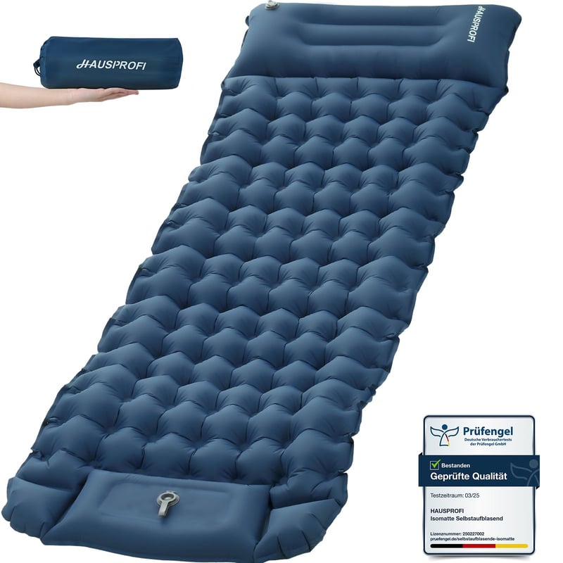 Saltea gonflabilă de camping HAUSPROFI cu pompă de picior și pernă inclusă, 10 cm, izopren ultralușor, albastru închis, pentru drumeții, plajă și activități în aer liber