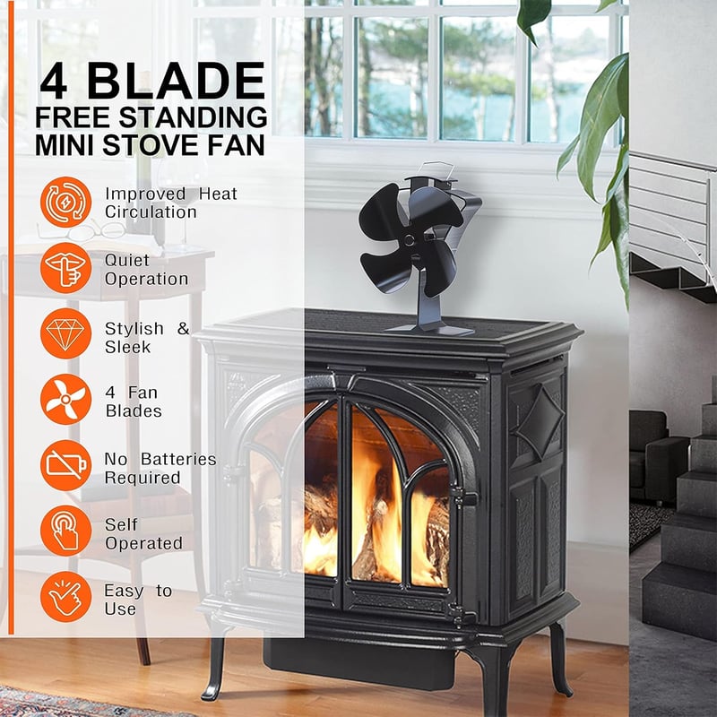 HAWCAFU Kályha Ventilátor Hőmeghajtású Fa- és Pellet Kályhához - New 4-leaf design
