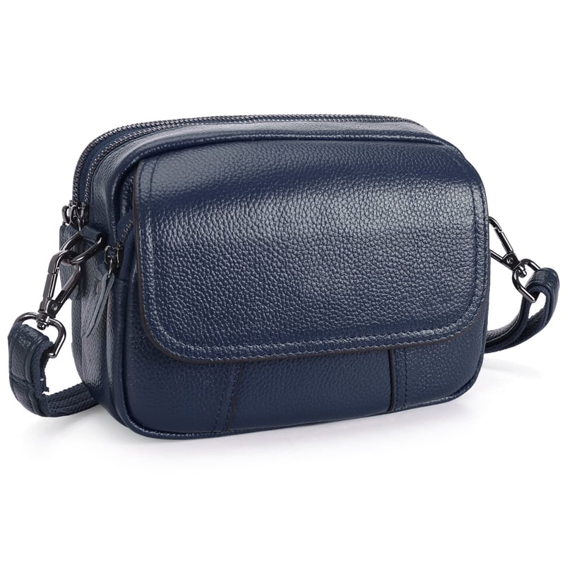 HAWEE Ženska torbica za telefon od prave kože - Plava elegantna torba za rame s 3 patentna zatvarača, podesivim remenom, mala crossbody torba za mobitel
