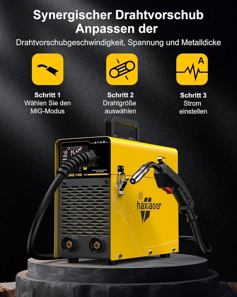 HAXIAOER 145A 3-in-1 Inverteres Hegesztőgép Gáz Nélküli Porbeles Huzalhoz - MIG/MMA/TIG Funkcióval, LED Kijelzővel, Szinergikus Huzaladagolá