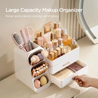 Organizator de machiaj cu sertare hblife, cutie de depozitare cosmetică din plastic, 3 în 1, cu suport pentru pensule, alb, capacitate mare 2