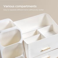 Organizator de machiaj cu sertare hblife, cutie de depozitare cosmetică din plastic, 3 în 1, cu suport pentru pensule, alb, capacitate mare 4