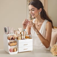 Organizator de machiaj cu sertare hblife, cutie de depozitare cosmetică din plastic, 3 în 1, cu suport pentru pensule, alb, capacitate mare 6