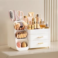 Organizator de machiaj cu sertare hblife, cutie de depozitare cosmetică din plastic, 3 în 1, cu suport pentru pensule, alb, capacitate mare 5