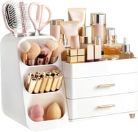 Organizator de machiaj cu sertare hblife, cutie de depozitare cosmetică din plastic, 3 în 1, cu suport pentru pensule, alb, capacitate mare 1