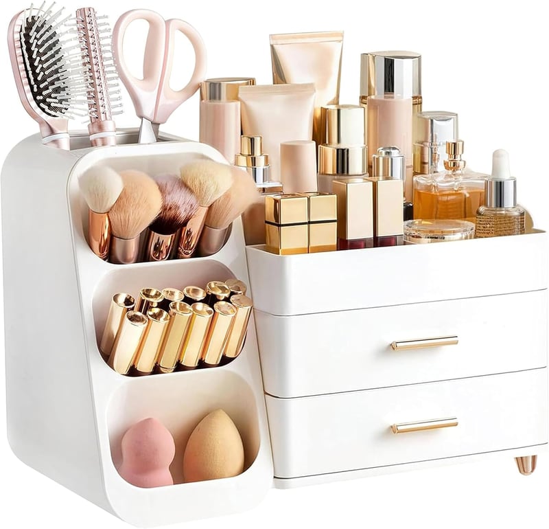 Organizator de machiaj cu sertare hblife, cutie de depozitare cosmetică din plastic, 3 în 1, cu suport pentru pensule, alb, capacitate mare