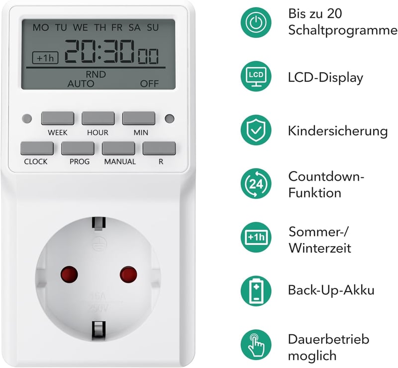 HBN Digitális Időzítő Aljzat 20 Program, Heti Időzítés, 16A/3680W