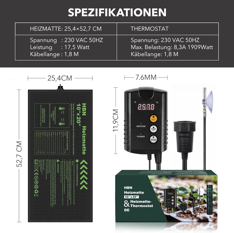 HBN Fűtőszőnyeg Termosztáttal 52x25cm Magvetéshez és Palántaneveléshez