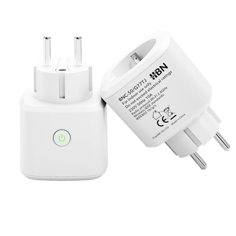 HBN Okos WiFi Konnektor Fogyasztásméréssel, 2 db-os Szett - Távirányítható Okos Otthon Aljzat Applikációval, 10A, Alexa és Google Home Kompa
