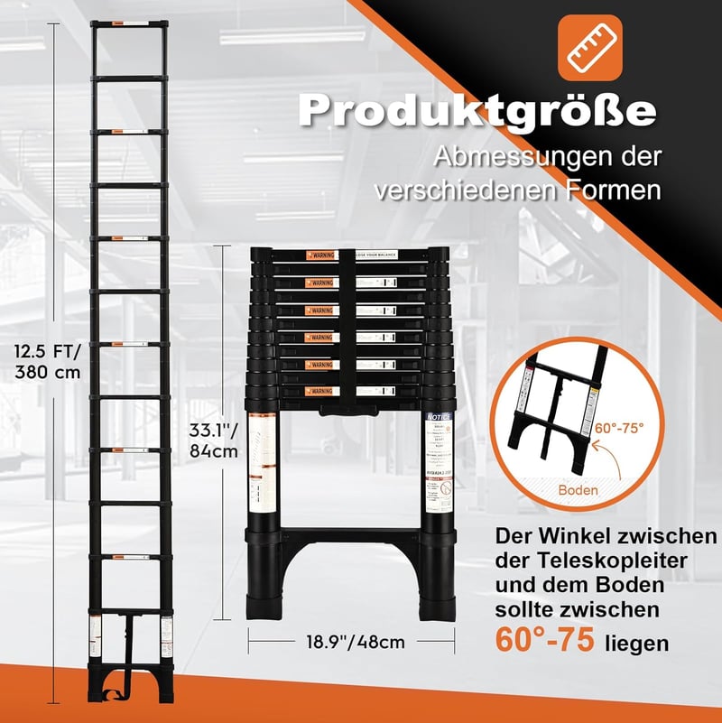 HBTower 3,8m Teleszkópos Alumínium Létra 150kg Teherbírás Fekete