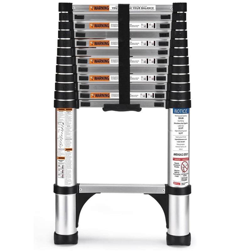 HBTower Scară Telescopică Ușoară 3,8m - Cu Bază Antialunecare, Aluminiu, Sarcină Maximă 150kg, Pentru Pod, Rulote
