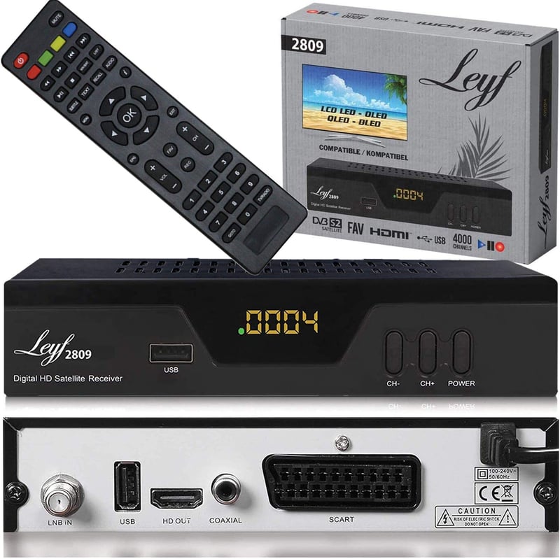 Digitálny satelitný prijímač hd-line Leyf 2809 HDTV DVB-S/S2 Full HD 1080p HDMI SCART 2x USB 2.0 predprogramovaný na satelity Astra, Hotbird a Türksat