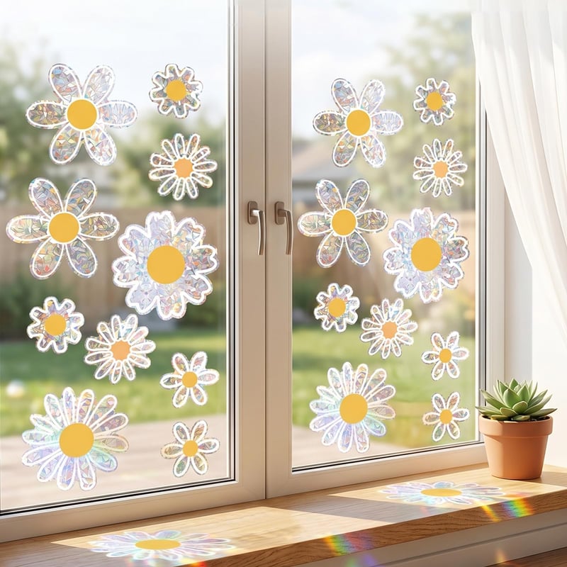 Healife Set 22 Autocolante Decorative pentru Geamuri cu Model Floral, Vinil Prismatic cu Reflexii Curcubeu și Efect de Sun-Catcher, Rezistente la UV, Protecție Anti-Coliziune Păsări pentru Ferestre