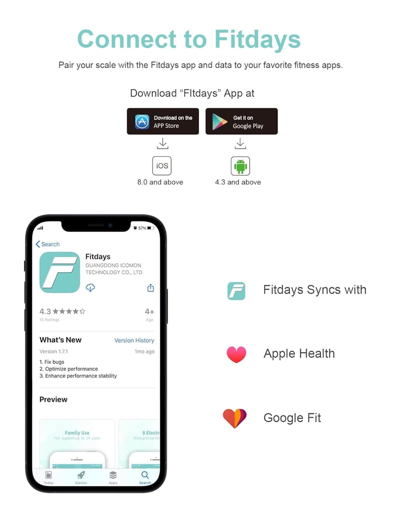 Healthkeep digitális testösszetétel-elemző mérleg, okos skála iOS/Android alkalmazással, 180 kg-ig