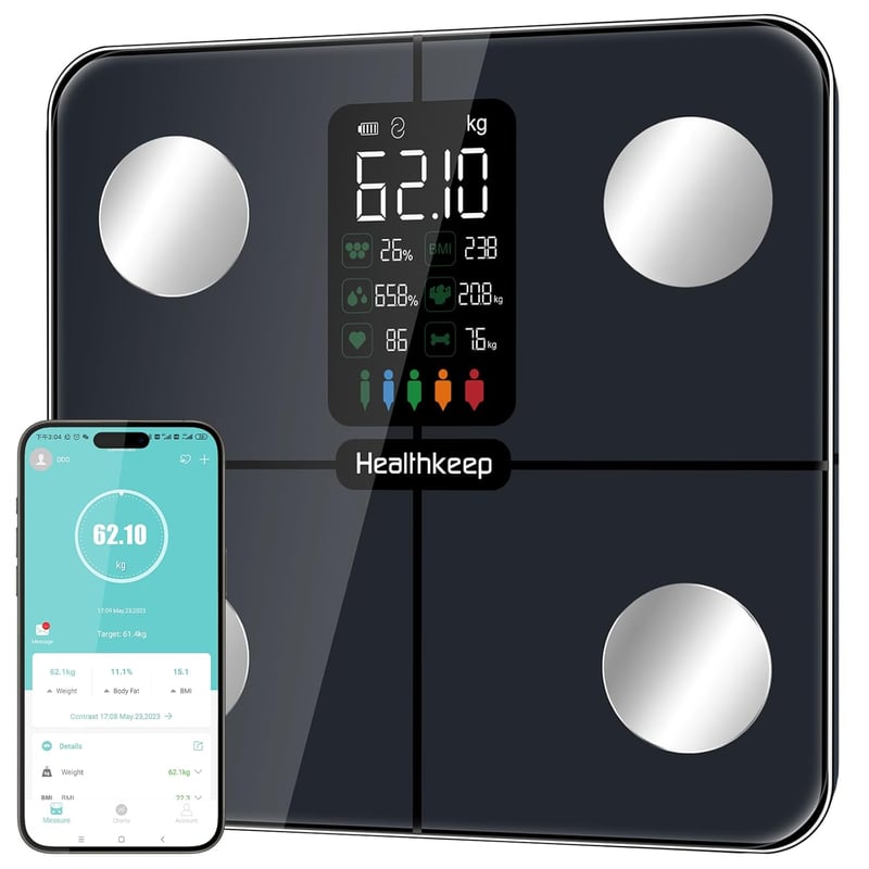 Healthkeep testösszetétel elemző mérleg 15 adattal, szívfrekvencia és BMI mérés, iOS Android alkalmazás