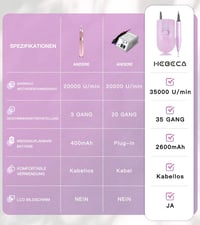 HEBECA Professzionális Körömcsiszoló 35000RPM Akkumulátoros Elektromos Manikűr Készlet 12 Fejjel Lila Szalon Otthoni Használat 5