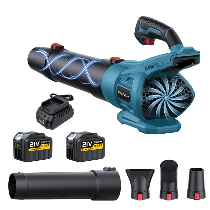HECUSAM Akumulátorový fúkač lístia pre 18V batérie Makita, bezuhlíkový motor, 288 km/h a 800 m³/h, 40 000 ot./min, s 2 batériami a nabíjačkou, 3 dýzami, na záhradné použitie