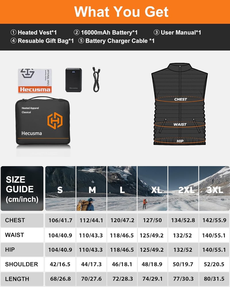 Hecusma Férfi Fűthető Fleece Mellény 16000 mAh Powerbank Vadászat Síelés