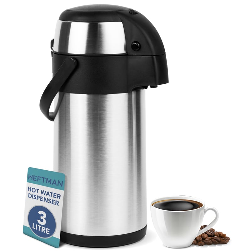 Termos cu Pompă HEFTMAN, Cafetieră, Carafa 5L, Oțel Inoxidabil, Dozator cu Presiune de Aer, pentru Birou și Acasă
