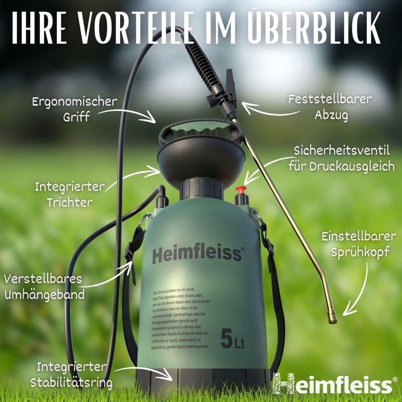 Heimfleiss 5 Literes Nyomáspermetező - Kerti és Autómosó Permetezőpalack, Állítható Vállpánttal, 3 Bar Nyomással, Sárgaréz Szórófejjel, Növé