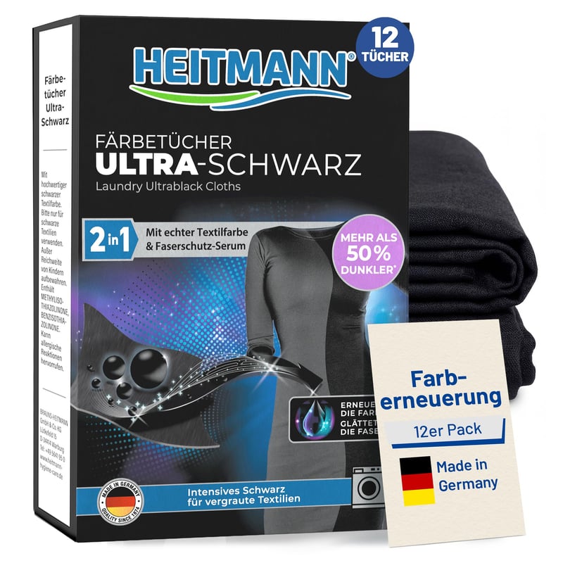 HEITMANN Șervețele 2 în 1 pentru Revigorarea Culorii Negre – Pentru Împrospătarea și Îngrijirea Hainelor Negre în Mașina de Spălat – 12 bucăți