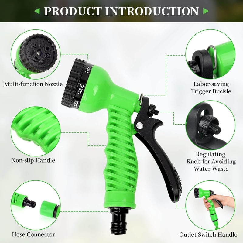 Helhom 15m Rugalmas Kerti Locsolócső Expandálható Öntözőcső Autómosáshoz - 15 m, Green, Rubber Polyester