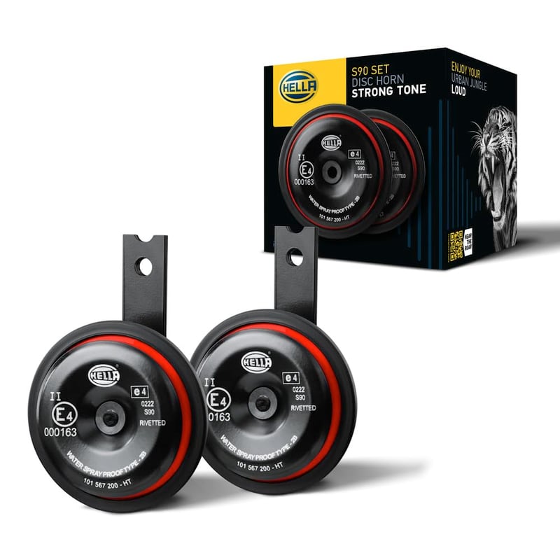Sada klaksónov v štýle HELLA S90 - 12V - 111dB(A) - 350/415Hz - červeno-čierny kryt - plochý konektor