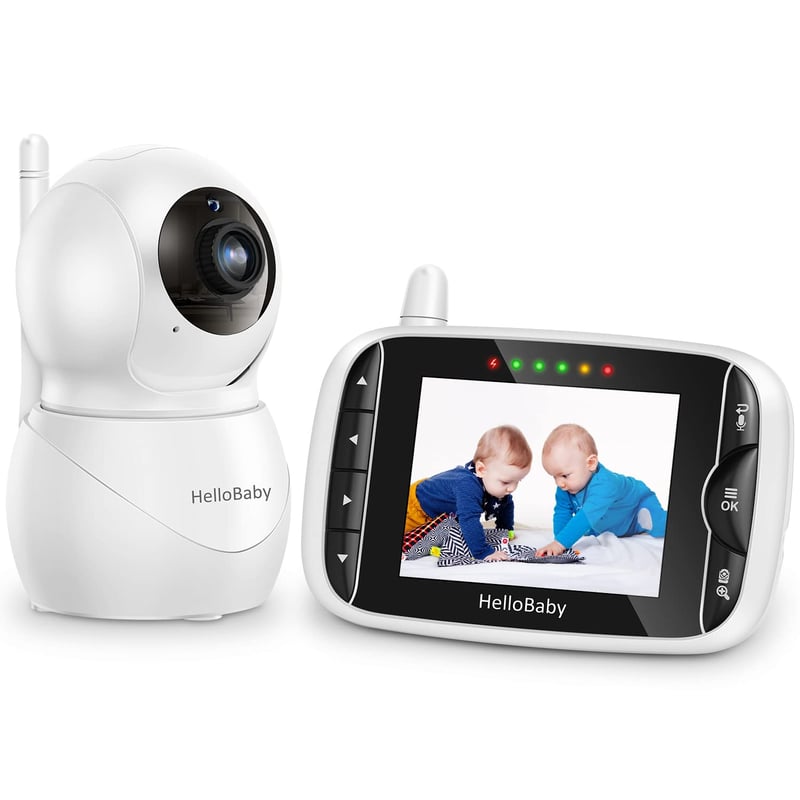 Monitor video pentru bebeluși HelloBaby cu cameră și difuzor, ecran IPS LCD de 3,2 inchi, monitor video fără WiFi, vedere nocturnă în infraroșu, audio bidirecțional, VOX, 8 limbi, alb/negru