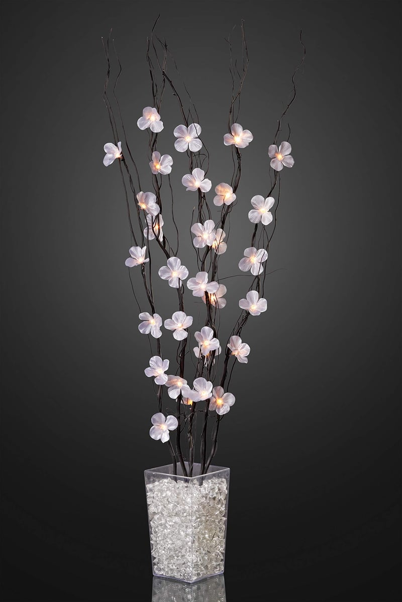 hellum 300055 Crna LED ukrasna grana s ružičastim cvjetovima (bez vaze), 120 cm, 25 LED dioda, topla bijela, s transformatorom, za unutarnju upotrebu