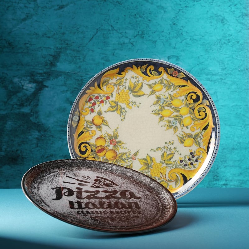 Farfurie pentru Pizza Hendi Baroque, Porțelan, 310mm, Galben-Negru, Compatibilă cu mașina de spălat vase și cuptorul cu microunde
