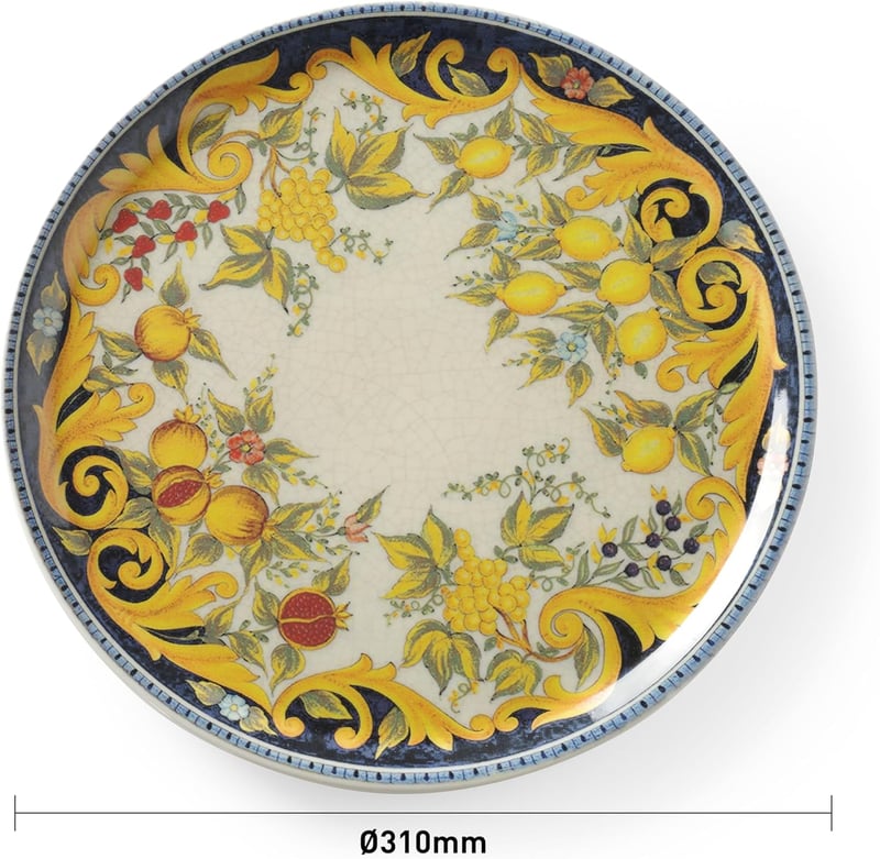 Farfurie pentru Pizza Hendi Baroque, Porțelan, 310mm, Galben-Negru, Compatibilă cu mașina de spălat vase și cuptorul cu microunde