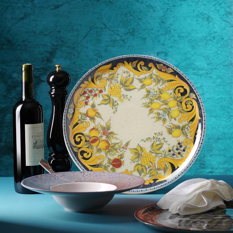 Farfurie pentru Pizza Hendi Baroque, Porțelan, 310mm, Galben-Negru, Compatibilă cu mașina de spălat vase și cuptorul cu microunde