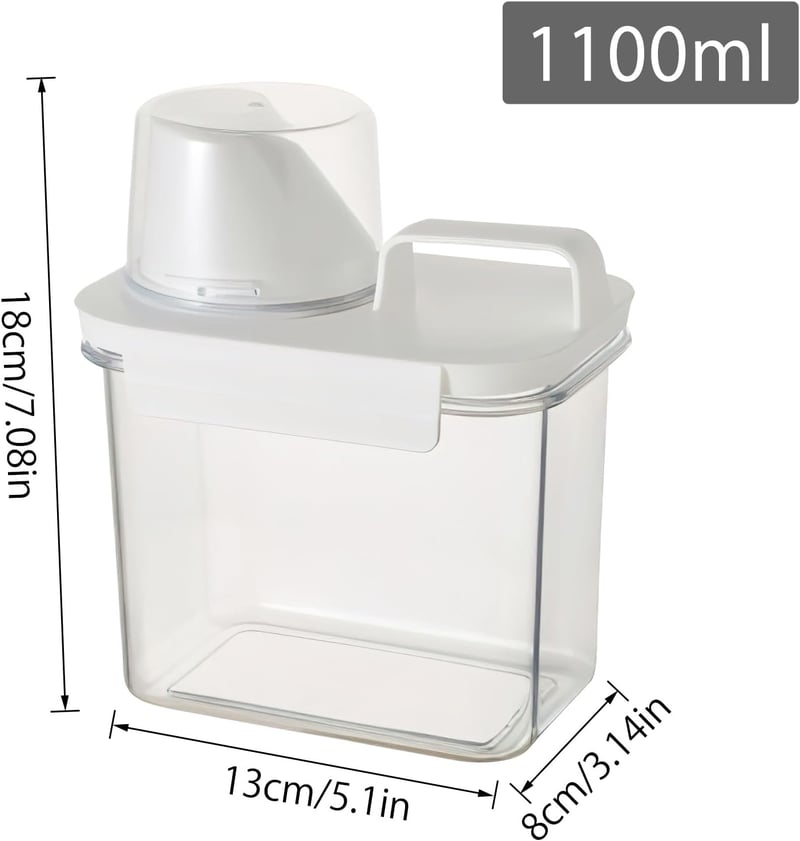 HENGBIRD 1100 ml Légmentes Mosópor Adagoló Mérőpohárral, Fehér Műanyag Mosószer Tároló Doboz Hengeres Forma