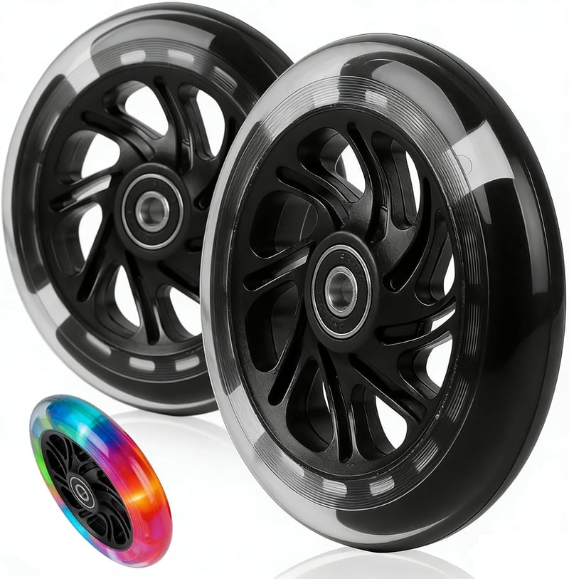 HENGBIRD set 2 roți de schimb pentru trotinetă, 12 cm, negre, 88A, ABS, LED, fără baterii, rulmenți ABEC-9