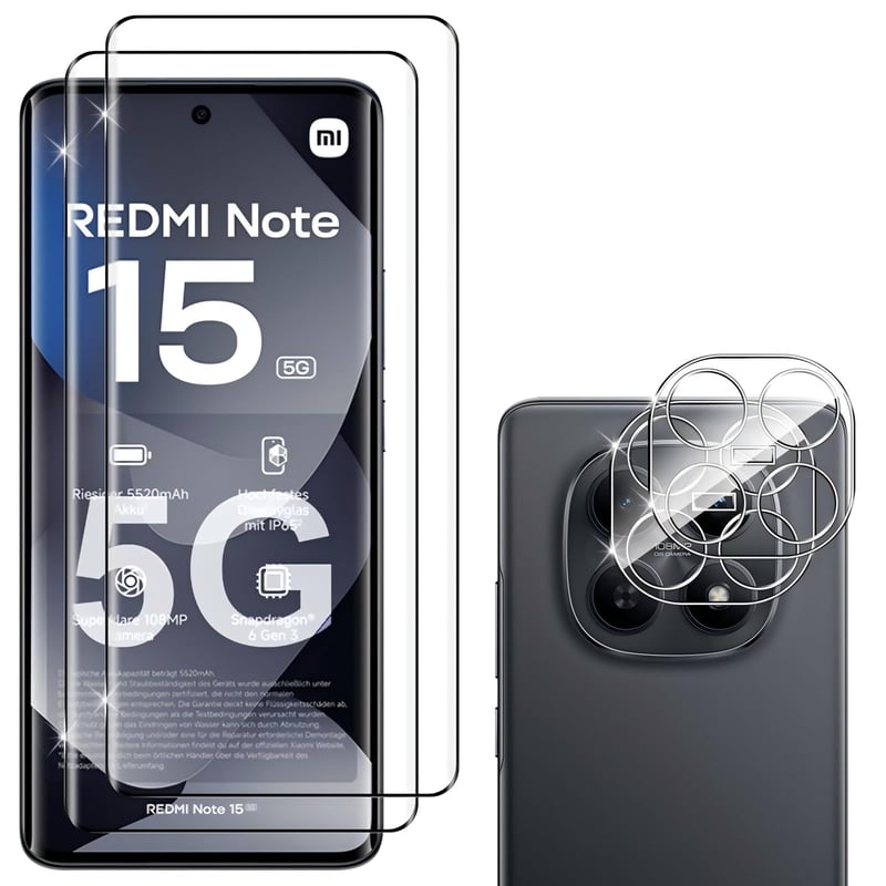 Hengnewro 2 ks tvrdené sklo pre Xiaomi Redmi Note 15 5G / Poco M8 5G + 2 ks ochranná fólia na fotoaparát, tvrdosť 9H, odolné voči poškriabaniu, bez bublín
