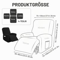 Poťah na kreslo pre 1 osobu Hengrongshen s vreckami, elastický žakárový poťah s prúžkami na TV a relaxačné kreslo, čierny, 4-dielna súprava 3