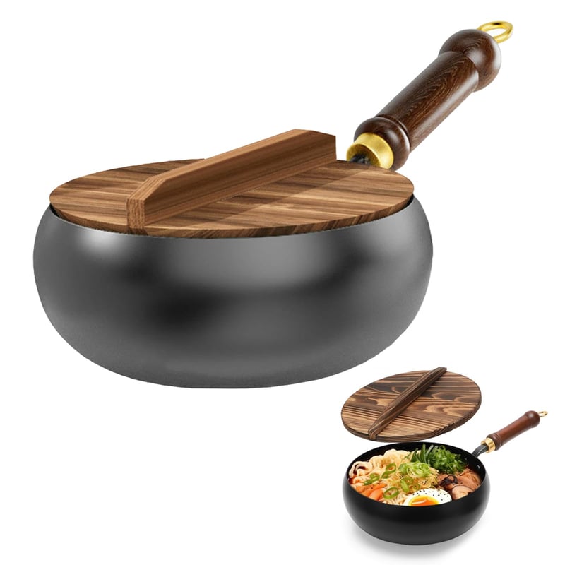 Japonská panvica Hengrongshen s dreveným vekom, 28 cm, prirodzene nepriľnavá, bez chemických povlakov, kovaná oceľ, vhodná na indukciu a plyn