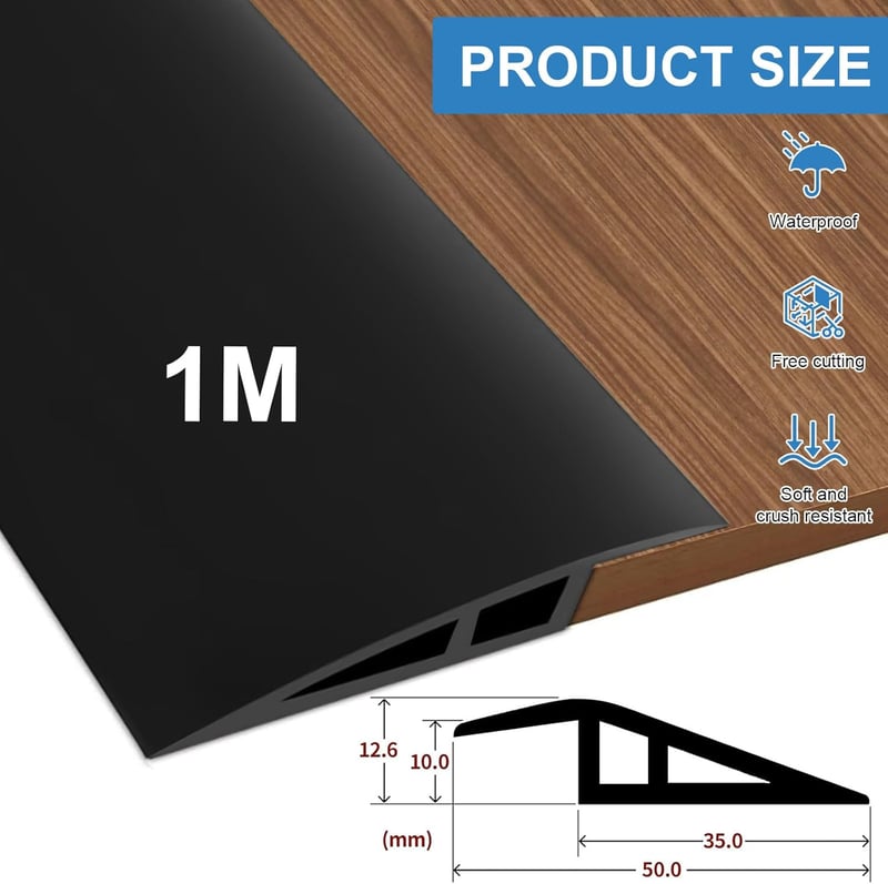Hengrongshen Öntapadós PVC Küszöbsín 1m x 5cm - Fekete Átmeneti Profil Padlómagasság Kiegyenlítéshez Parketta, Laminált Padló 5-10mm