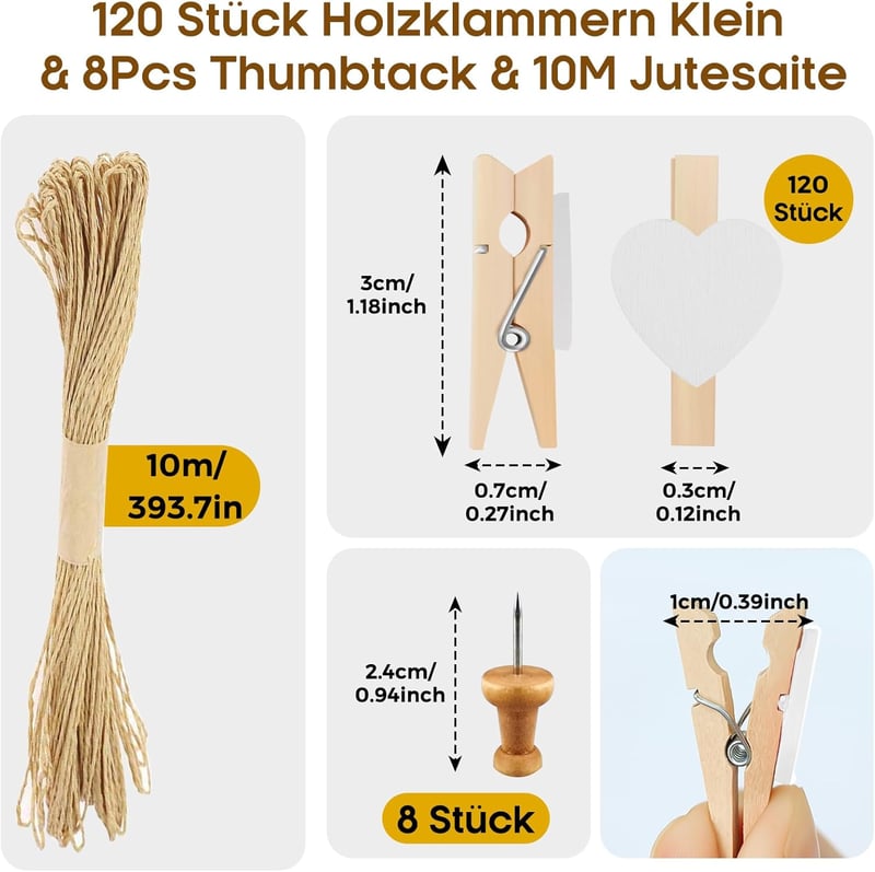 Hengxinc 120 db 30 mm fehér fa ruhacsipesz szett fotóhoz, esküvőhöz, dekorációhoz 10 m jutakötéllel - White