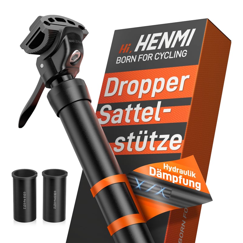 HENMI Výškovo nastaviteľná MTB sedlovka s hydraulickým tlmením – 27.2 / 30.9 / 31.6 mm – s 2 redukčnými vložkami – pre Gravel a E-MTB