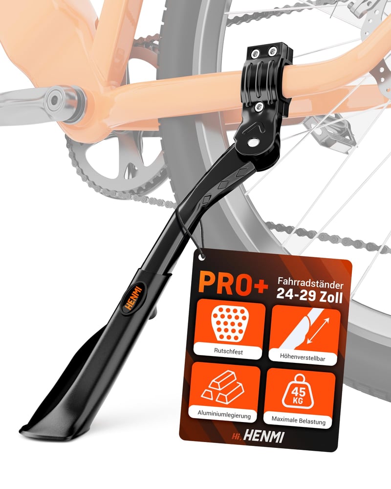 Univerzálny hliníkový bočný stojan na bicykel HENMI Pro+ pre 24-29 palcové kolesá, s protišmykovou gumovou pätkou, vhodný pre e-biky, MTB, trekingové a mestské bicykle