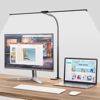 Lampă de birou LED Hensam reglabilă cu clemă, cap dublu, 1400 lm, gât flexibil, 5 trepte de temperatură de culoare, negru, CRI peste 83 1