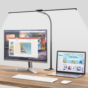 Lampă de birou LED Hensam reglabilă cu clemă, cap dublu, 1400 lm, gât flexibil, 5 trepte de temperatură de culoare, negru, CRI peste 83