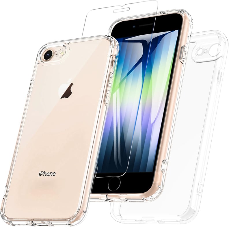 Hensinple iPhone SE 2020 / SE 2022 / 8 / 7 nárazuvzdorný kryt s 9H ochranným sklom na displej, TPU outdoorový obal s ochranou fotoaparátu – priehľadný