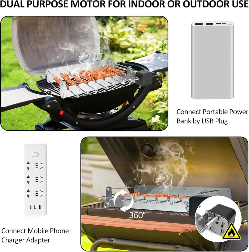 HENYEER Elektromos Nyársló Rotisserie Grill 10 Rozsdamentes Nyárssal USB Töltéssel