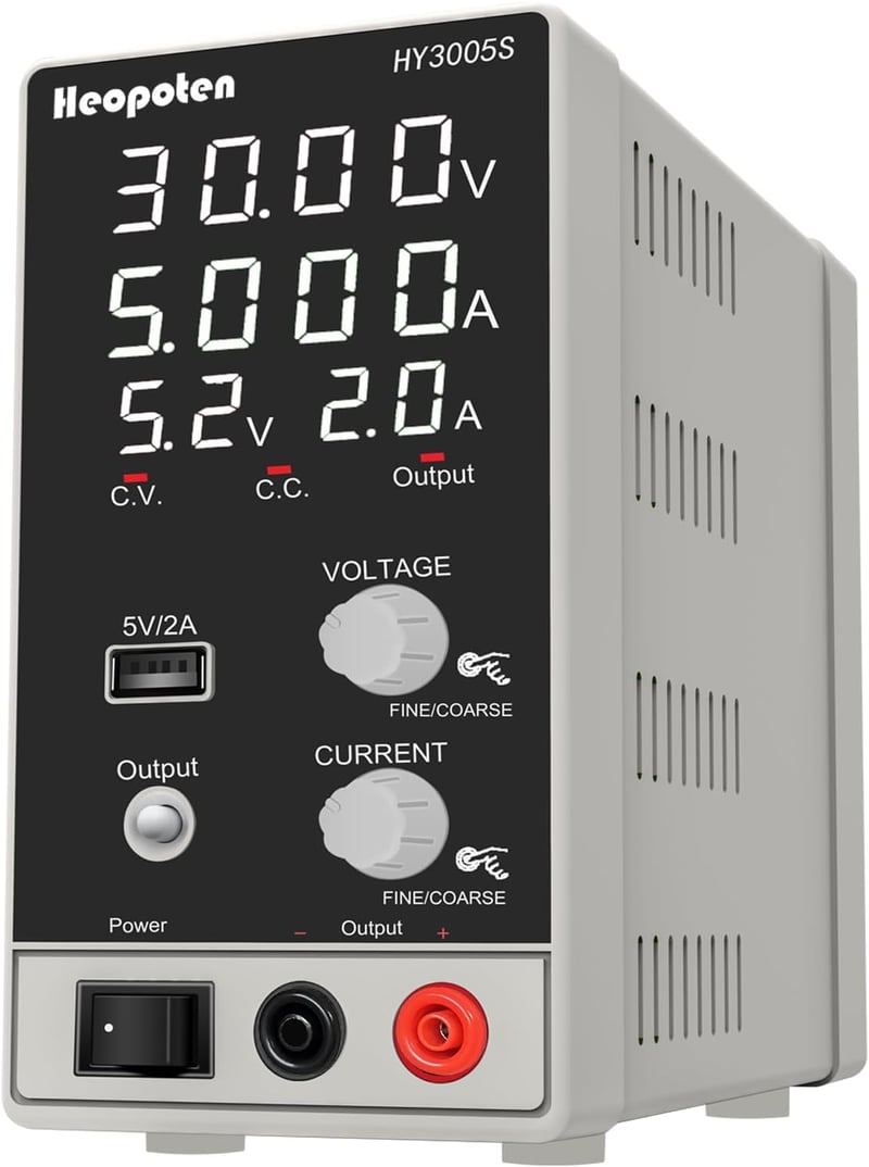 HEOPOTEN Laboratóriumi DC tápegység 30V 5A - 4 számjegyes LED kijelző, USB 5V 2A