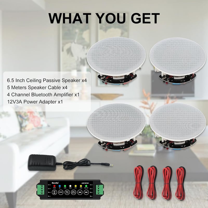 Herdio 6.5" Bluetooth Mennyezeti Hangszóró Szett 4 Darabos 600W Süllyesztett Hangrendszer Konyhába Hálószobába Fürdőszobába